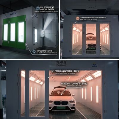 Diesel Turbo Fan Car Spray Booth 32 Pcs lâmpadas infravermelhas Automóveis padrão Corpo de pintura sala de controle PLC componentes Schneider